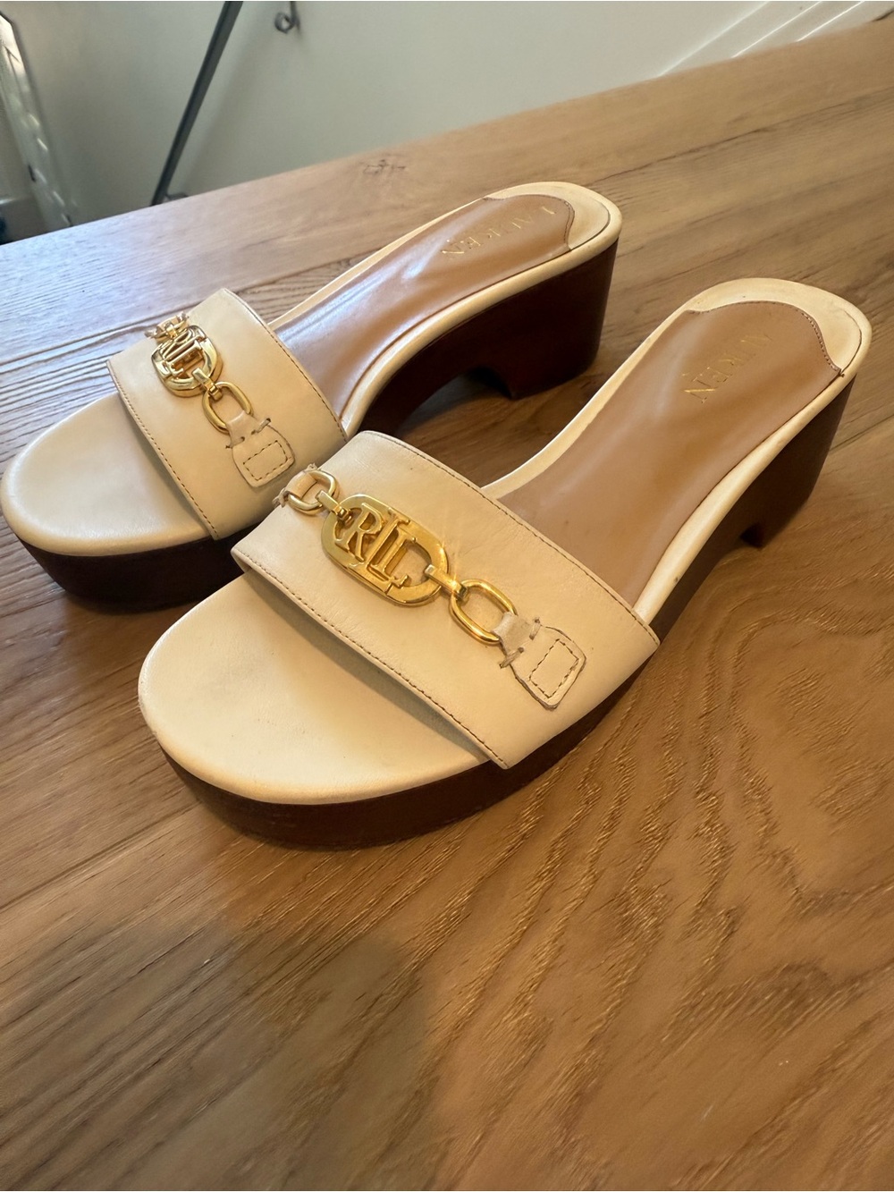 Ralph Lauren Cream Leather Platform Slide Sandals size 37
